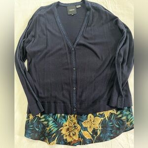 NWOT Desigual navy blue cardigan integrated floral blouse hem. Size XL.